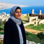 A professional female traveler, wearing a modest, layered outfit suitable for diverse climates, including a light, elegant scarf, stands on a historical hilltop in Lebanon. In the background, ancient stone ruins blend seamlessly with the majestic, distant mountains and a glimpse of the sparkling Mediterranean Sea. The scene is captured in natural daylight, emphasizing the serene beauty and cultural depth of the landscape. Professional photography, perfect anatomy, correct proportions, natural pose, well-formed hands, proper finger count, fully clothed, appropriate attire, safe for work, appropriate content, family-friendly.