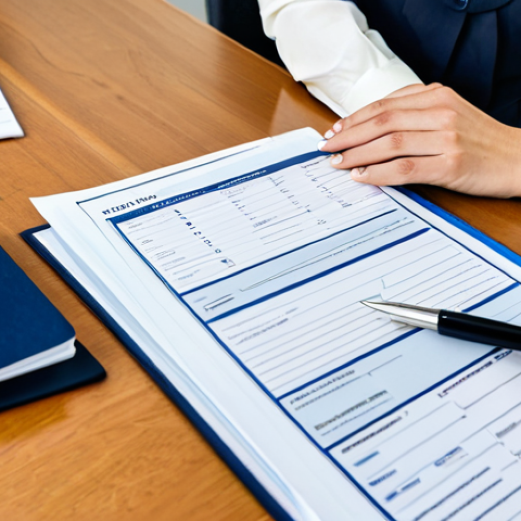 A focused professional in a modest business casual outfit, fully clothed, meticulously organizing visa application documents on a clean, modern desk in a bright home office. She is reviewing a passport and various forms, with a pen in hand, showing perfect anatomy, correct proportions, and well-formed hands. The desk is tidy, showcasing neatly stacked papers and a laptop displaying a generic official website. The lighting is soft and natural. This image emphasizes diligence and preparation. Appropriate attire, natural pose, professional dress, appropriate content, safe for work, family-friendly.