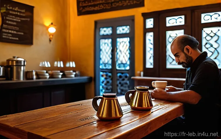 레바논 카페 문화와 추천 카페 - **Prompt:** A skilled Lebanese barista, focused and calm, expertly prepares traditional Lebanese cof...