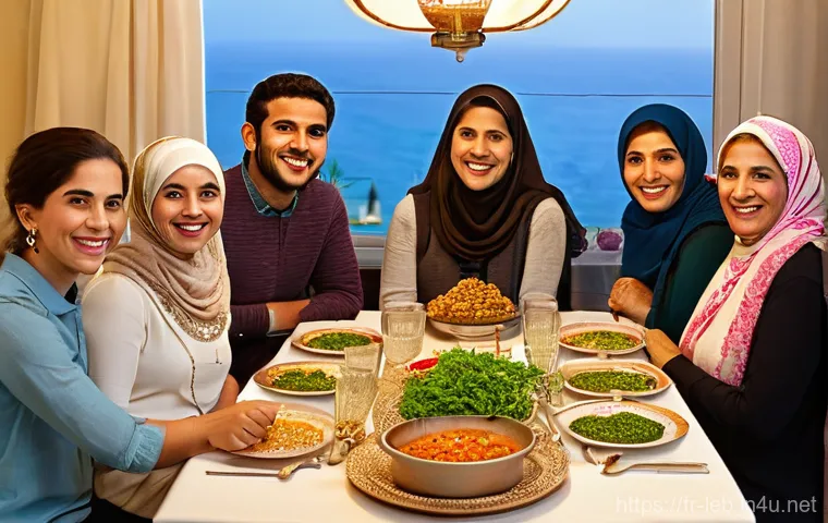 레바논의 이슬람과 기독교 공존 사례 - **Prompt:** A vibrant, warm scene of a Lebanese family dinner, featuring a diverse group of adults a...