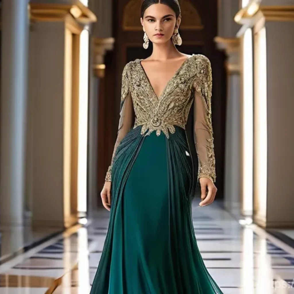 레바논 패션 디자이너 소개 - **Prompt 1: L'Éclat Mystérieux: Heritage Meets Modernity**
"A glamorous female model, full body ...