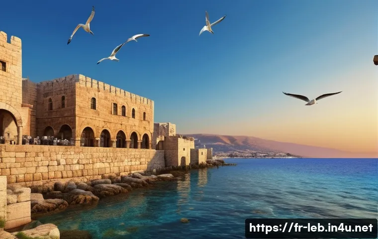 레바논의 페니키아 유산 연구 - A detailed ancient Phoenician coastal cityscape at sunset, showcasing Sidon or Byblos with stone arc...