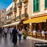 레바논의 언어  아랍어 프랑스어 영어  배우기 - A vibrant street scene in Beirut showcasing the rich linguistic diversity: a bustling caf&eacute; terrace w...