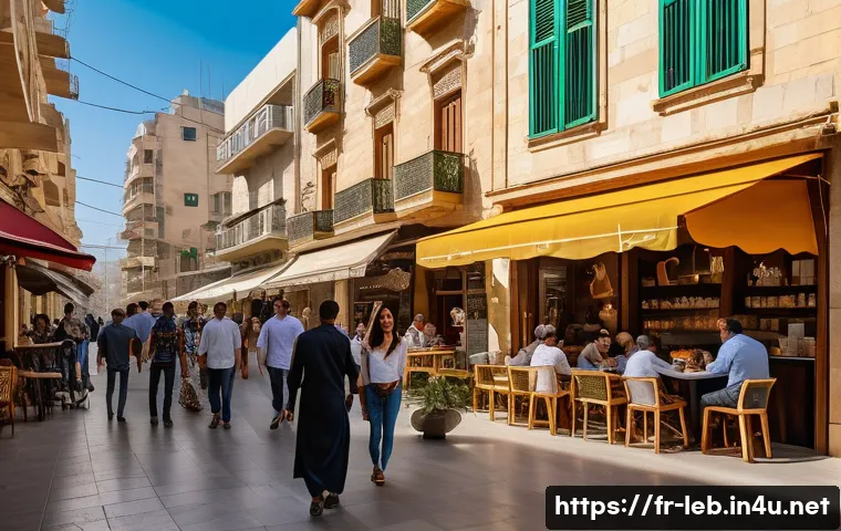 레바논의 언어  아랍어 프랑스어 영어  배우기 - A vibrant street scene in Beirut showcasing the rich linguistic diversity: a bustling caf&eacute; terrace w...