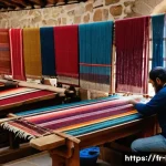 레바논 전통 공예품 및 기념품 - A vibrant Lebanese artisan workshop scene showing skilled craftspeople weaving traditional textiles ...