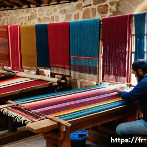 레바논 전통 공예품 및 기념품 - A vibrant Lebanese artisan workshop scene showing skilled craftspeople weaving traditional textiles ...