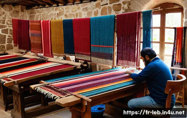 레바논 전통 공예품 및 기념품 - A vibrant Lebanese artisan workshop scene showing skilled craftspeople weaving traditional textiles ...