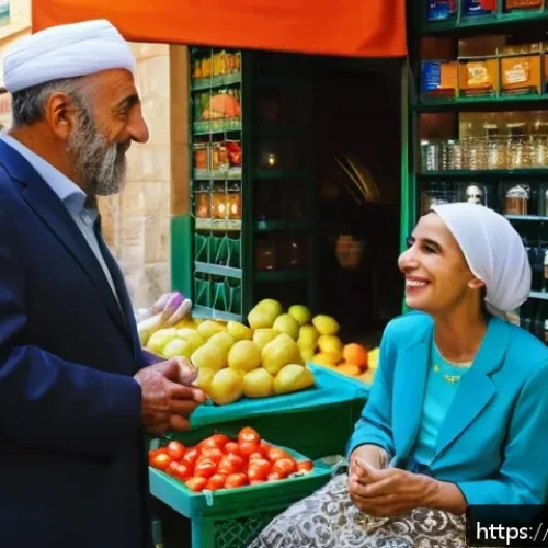 레바논에서 영어로 의사소통 가능한 범위 - A vibrant street scene in Beirut showing a diverse group of people engaging in multilingual communic...